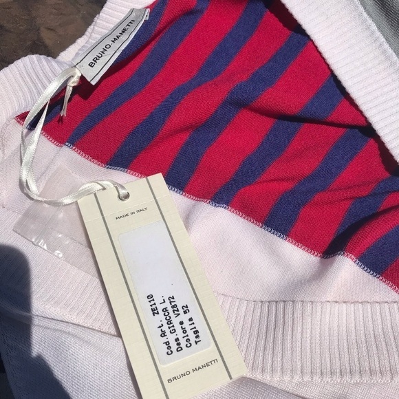 Bruno Manetti NWT Striped Colorblock Cardigan V Neck Red White Blue Large Silk - Picture 4 of 4